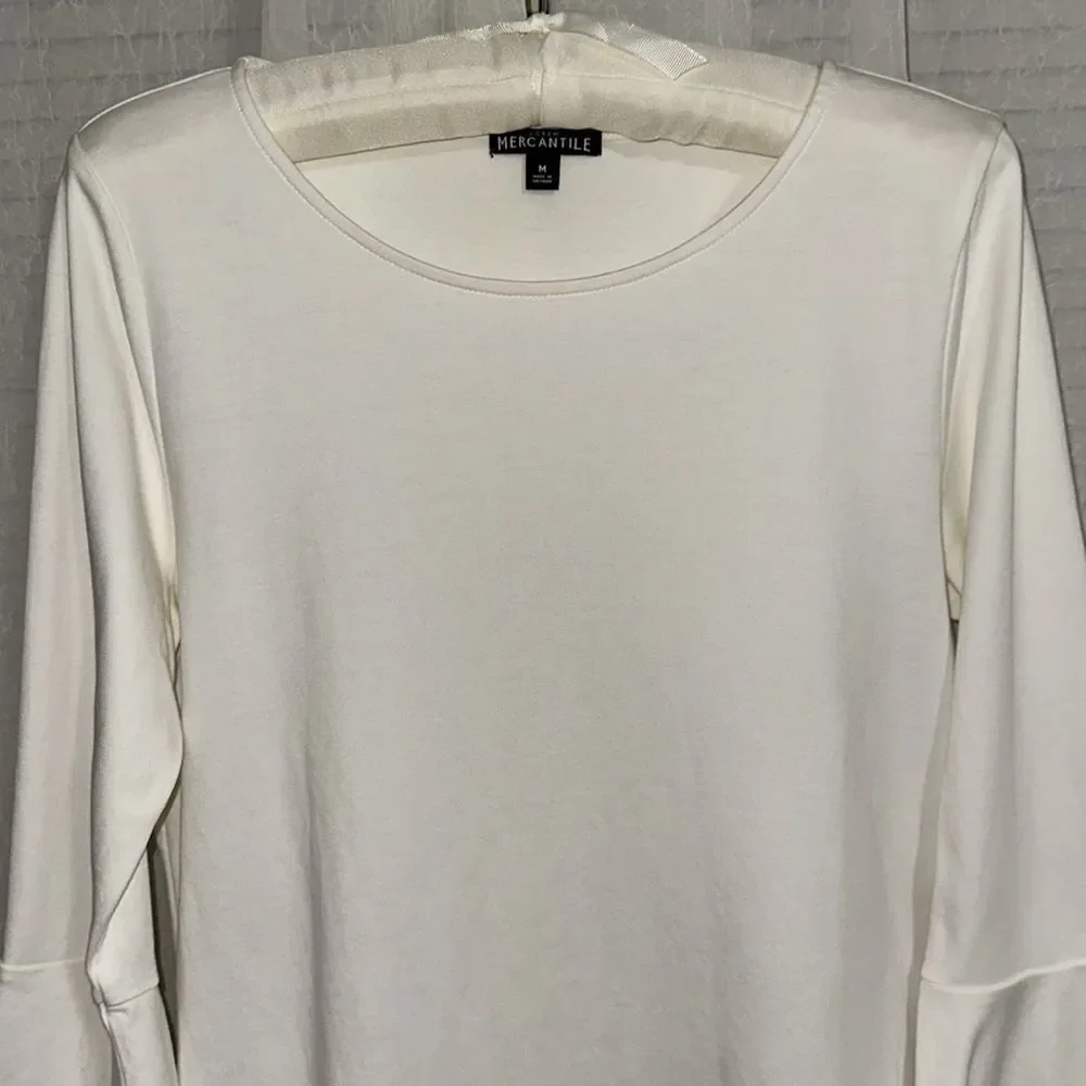 J.Crew M White Cotton Round Neck Quarter Bell Flare Sleeve Top